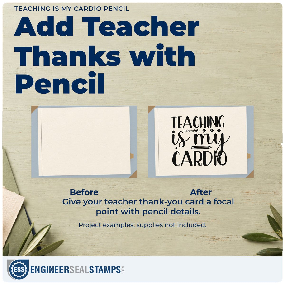 Before and after of a plain item finished with the Teaching Is My Cardio Pencil Pre-Inked Stamp – Slim, a quick upgrade for track pack seals.