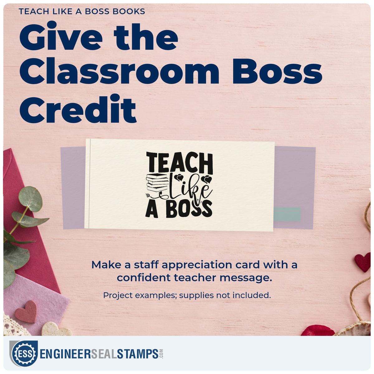 A finished handmade project stamped with the Teach Like A Boss Books With Hearts Rubber Stamp – Wood Handle, ideal for donation bank tags.
