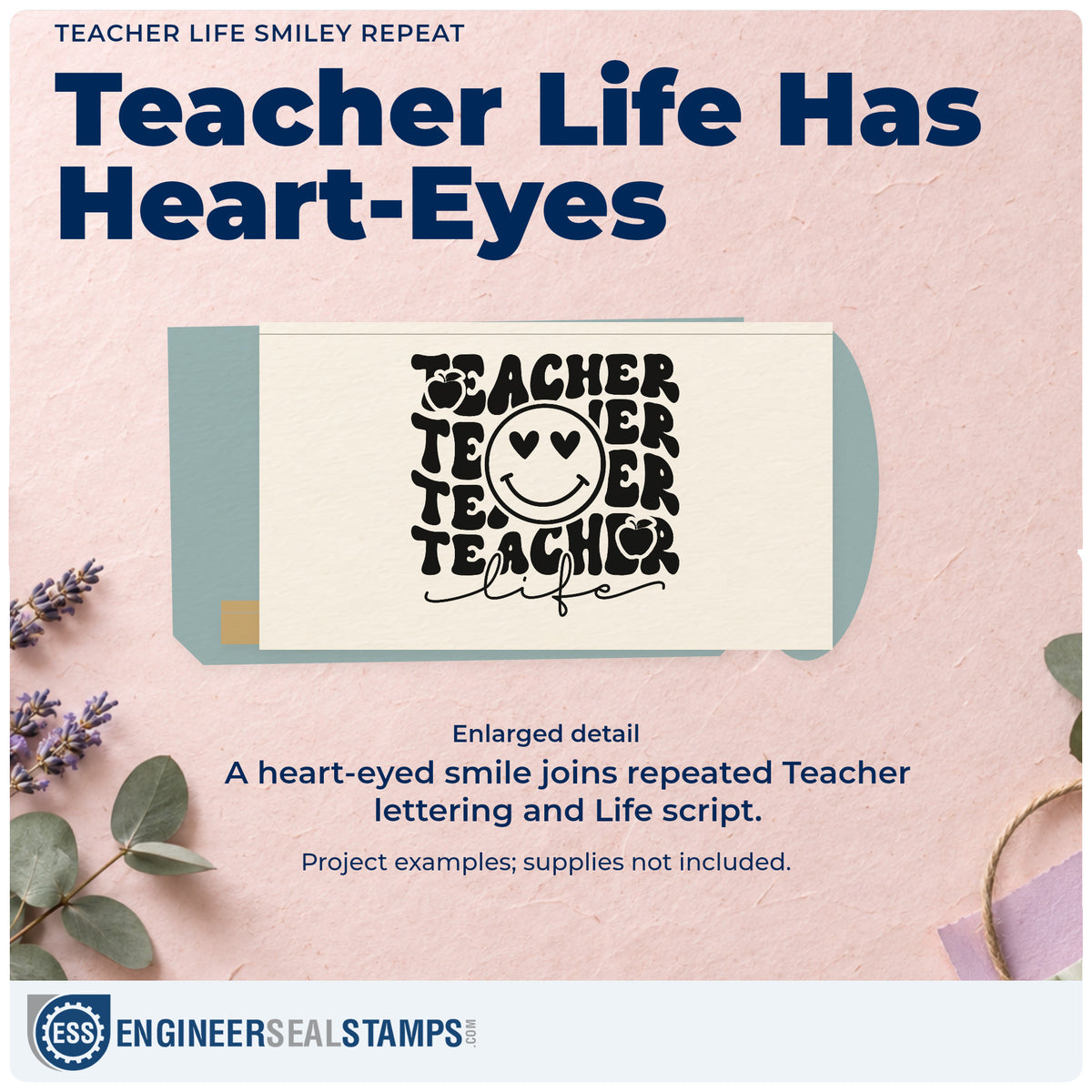 Enlarged detail of the Vintage Pro Teacher Life Smiley Repeat Premium Wooden Stamp imprint. Repeated “Teacher” lettering surrounds a heart-eyed smiley face above script “Life.”
