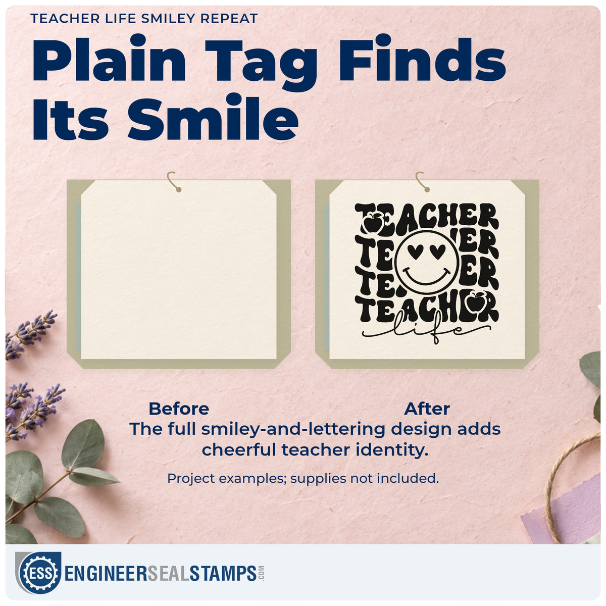 Before and after of a plain item finished with the Wood Handle Teacher Life Smiley Repeat Rubber Stamp, a quick upgrade for reward bag seals.