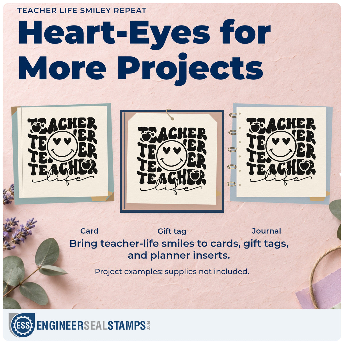 Three project examples made with the Teacher Life Smiley Repeat Rubber Stamp – Duo Hand, including sticker pot labels.