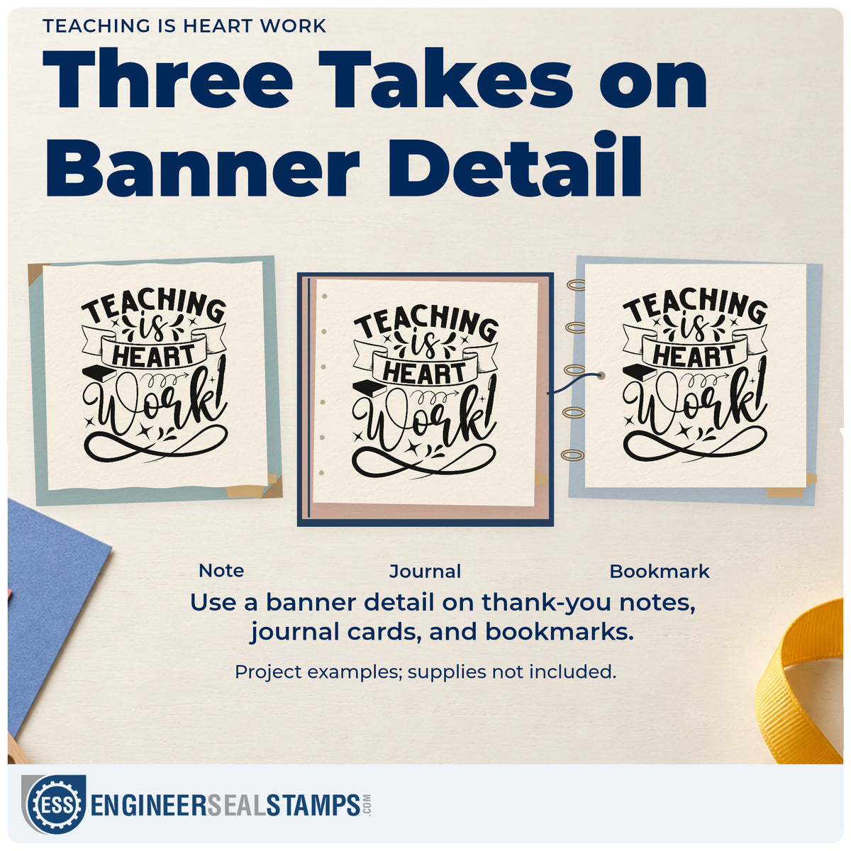 Three project examples made with the Duo Hand Teaching Is Heart Work With Stars Rubber Stamp, including trustee file labels.