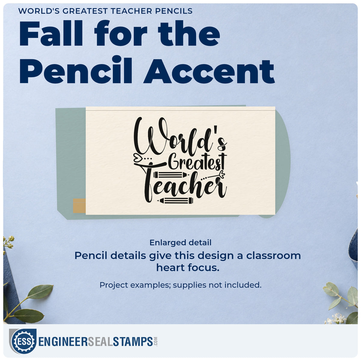 Enlarged detail of the Pencil Art Greatest Teacher Stamp – Self-Inking imprint. “World's Greatest Teacher” is decorated with pencils and small ornamental strokes.
