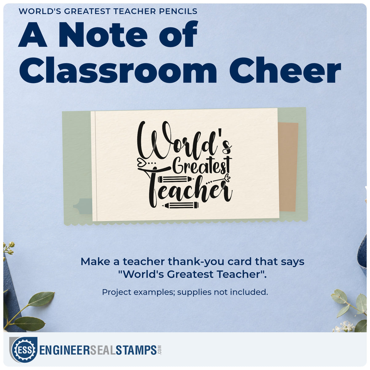 A finished handmade project stamped with the Pencil Art Greatest Teacher Rubber Stamp – Wood Handle, ideal for trophy base tags.