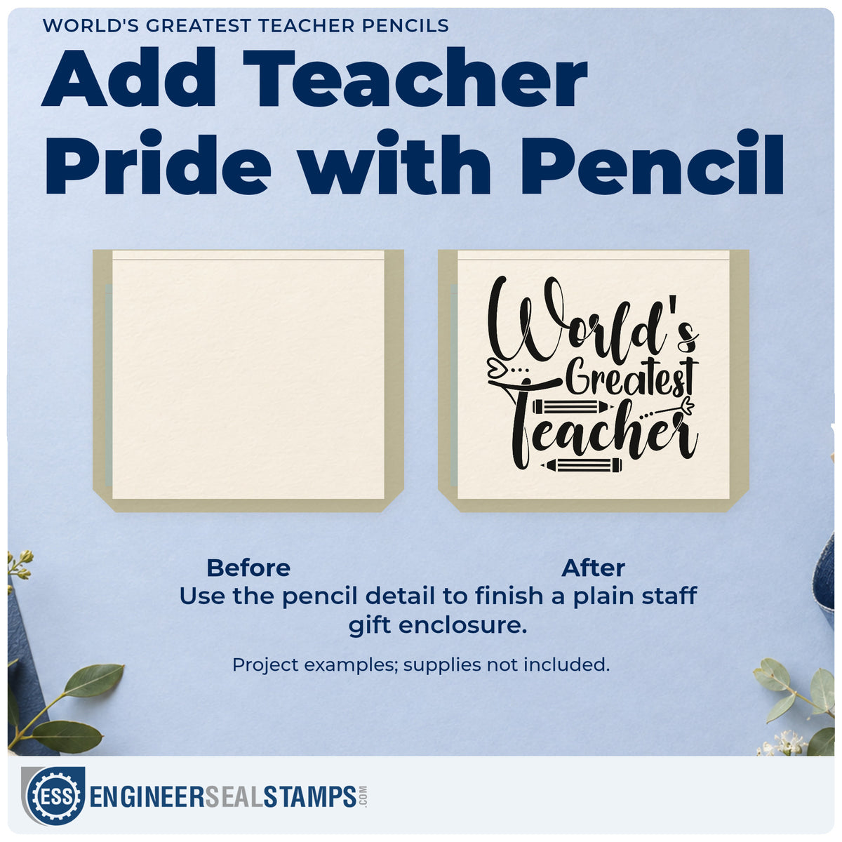 Before and after of a plain item finished with the Pencil Art Greatest Teacher Hand Stamp – Duo, a quick upgrade for nomination seals.