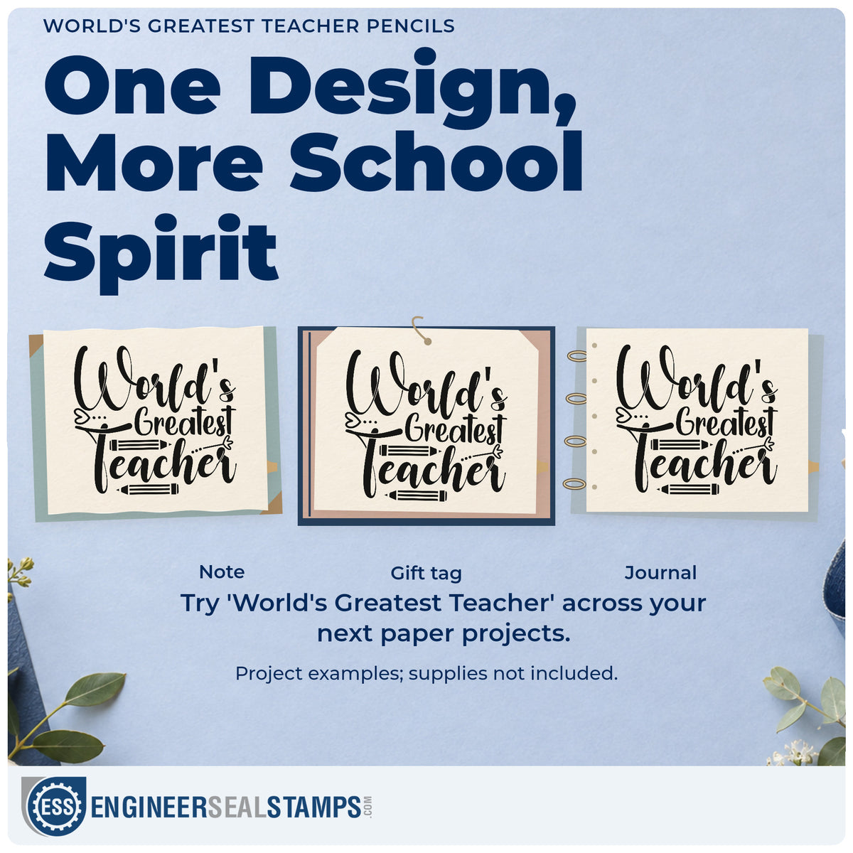 Three project examples made with the Pencil Art Greatest Teacher Stamp – Slim Pre-Inked, including cabinet shelf labels.