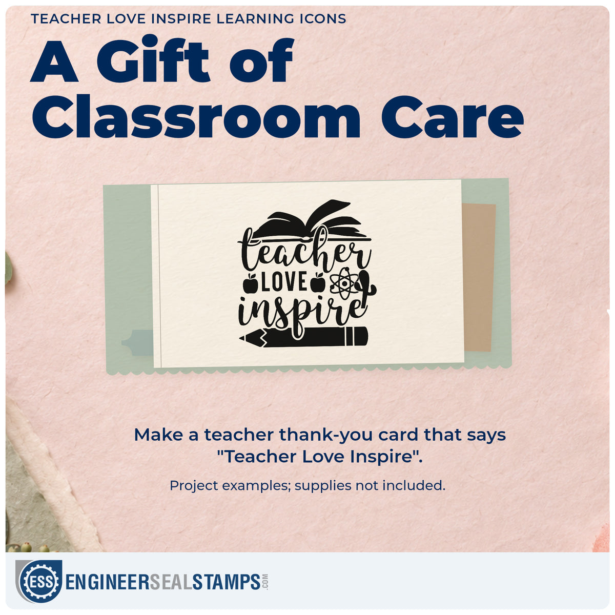 A finished handmade project stamped with the Teacher Love Inspire Learning Icons Apple Rubber Stamp – Duo Hand, ideal for science shelf tags.