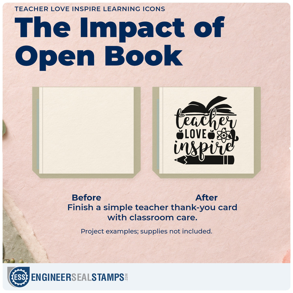 Before and after of a plain item finished with the Teacher Love Inspire Learning Icons Apple Slim Pre-Inked Stamp, a quick upgrade for kit box seals.