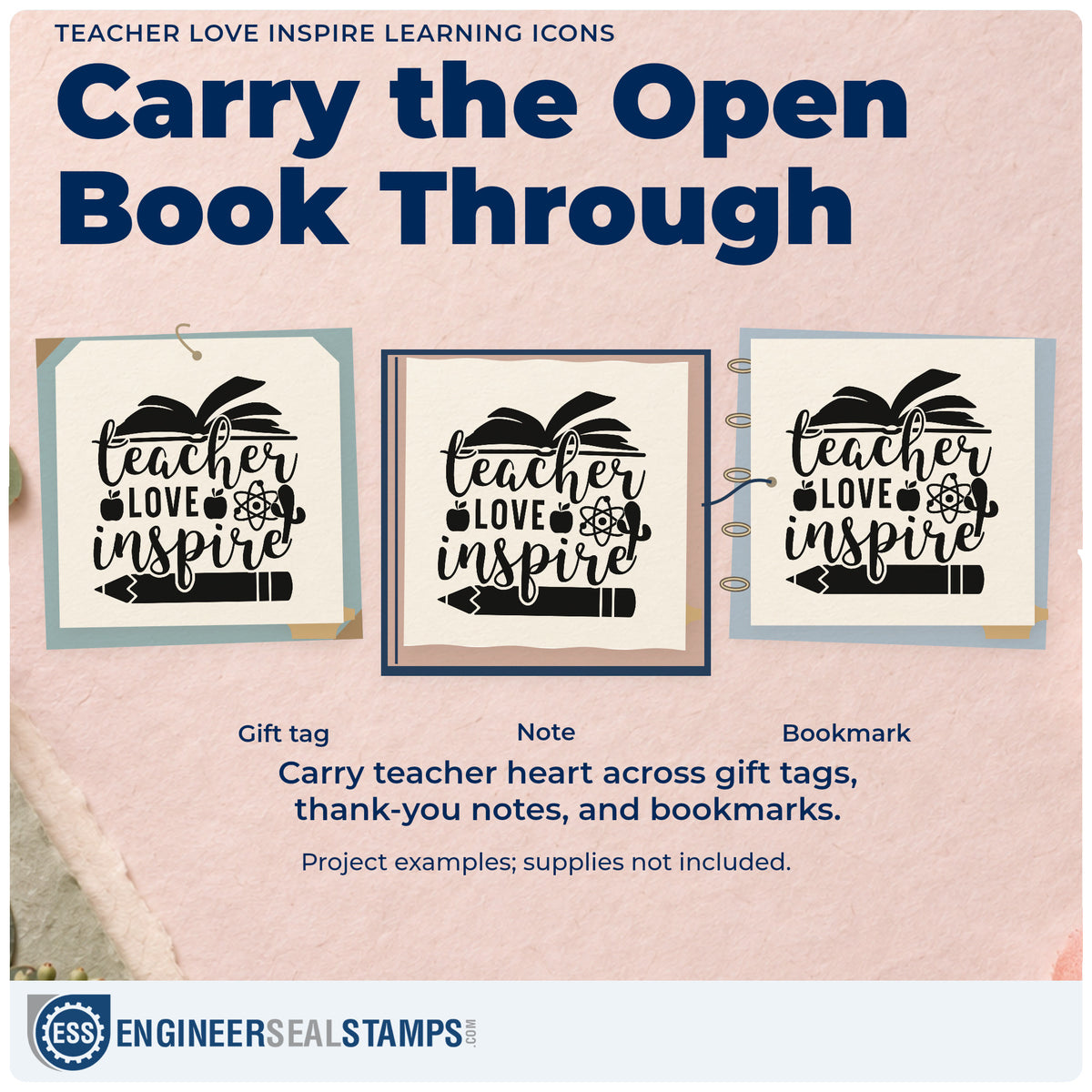Three project examples made with the Teacher Love Inspire Learning Icons Apple Rubber Stamp – Duo Hand, including sample tray labels.
