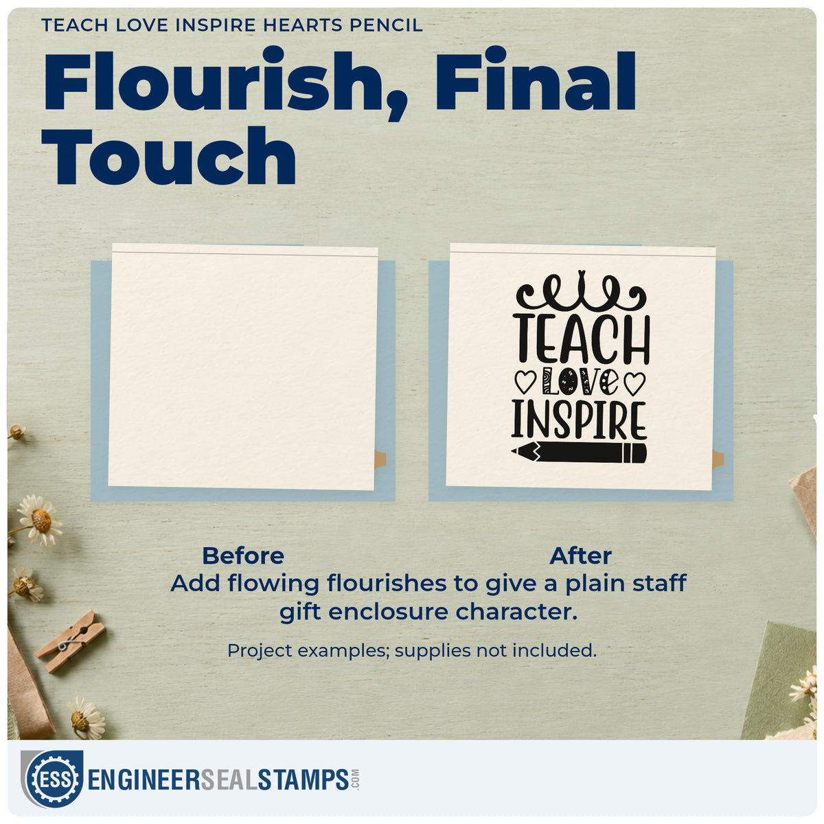 Before and after of a plain item finished with the Teach Love Inspire Hearts Pencil Frame Accent Rubber Stamp – Duo Hand, a quick upgrade for shower bag seals.