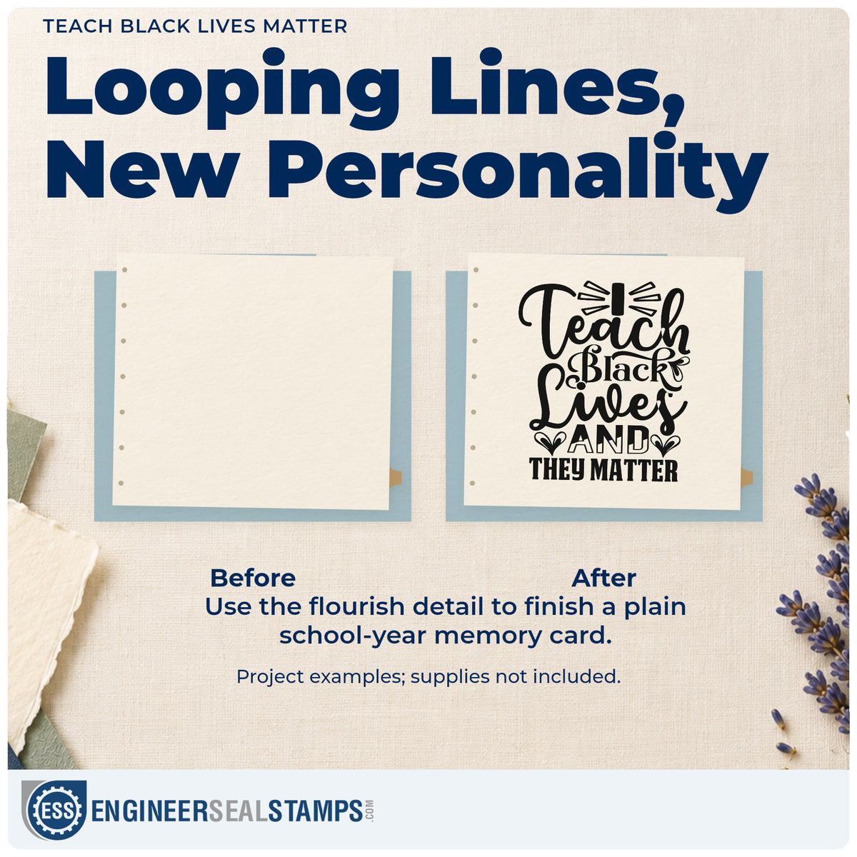 Before and after of a plain item finished with the PSI Pre-Inked I Teach Black Lives And They Matter Stamp, a quick upgrade for program seals.