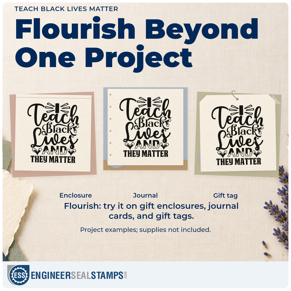 Three project examples made with the PSI Pre-Inked I Teach Black Lives And They Matter Stamp, including library shelf labels.