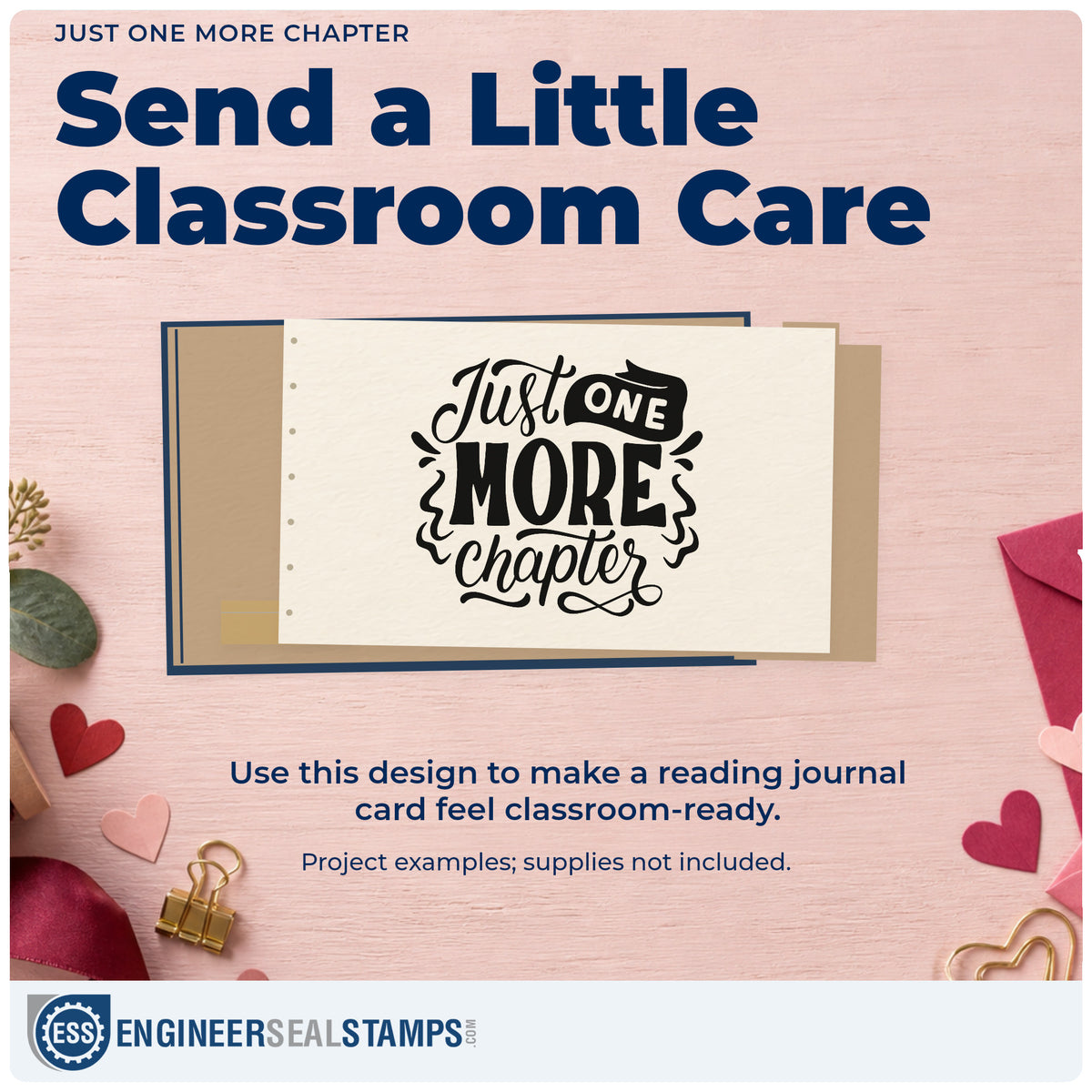 A finished handmade project stamped with the Just One More Chapter Ribbon Lettering Rubber Stamp – Duo Hand, ideal for bedtime book tags.