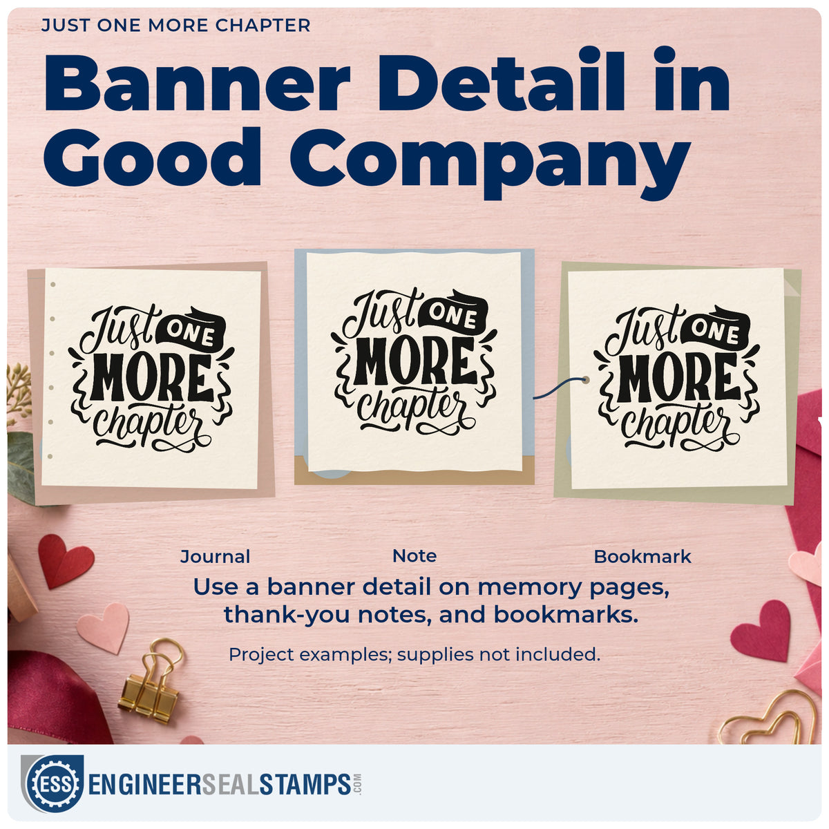 Three project examples made with the Just One More Chapter Ribbon Lettering Wood Handle Stamp, including bedside tin labels.
