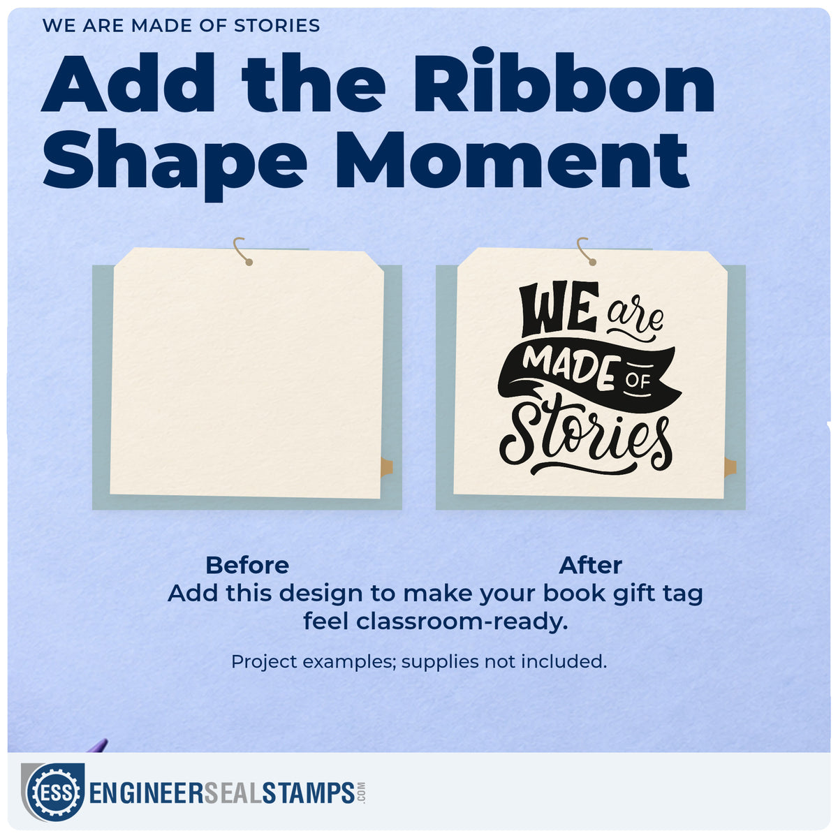 Before and after of a plain item finished with the Self-Inking We Are Made Of Stories Ribbon Lettering Stamp, a quick upgrade for consent form seals.