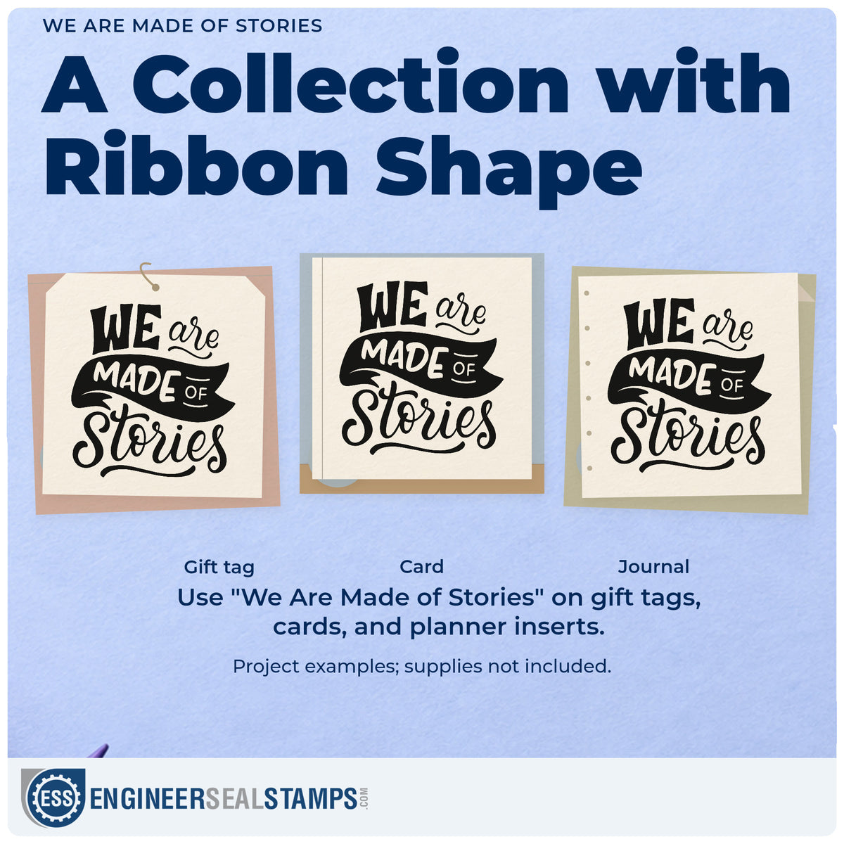 Three project examples made with the Self-Inking We Are Made Of Stories Ribbon Lettering Stamp, including archive sleeve labels.