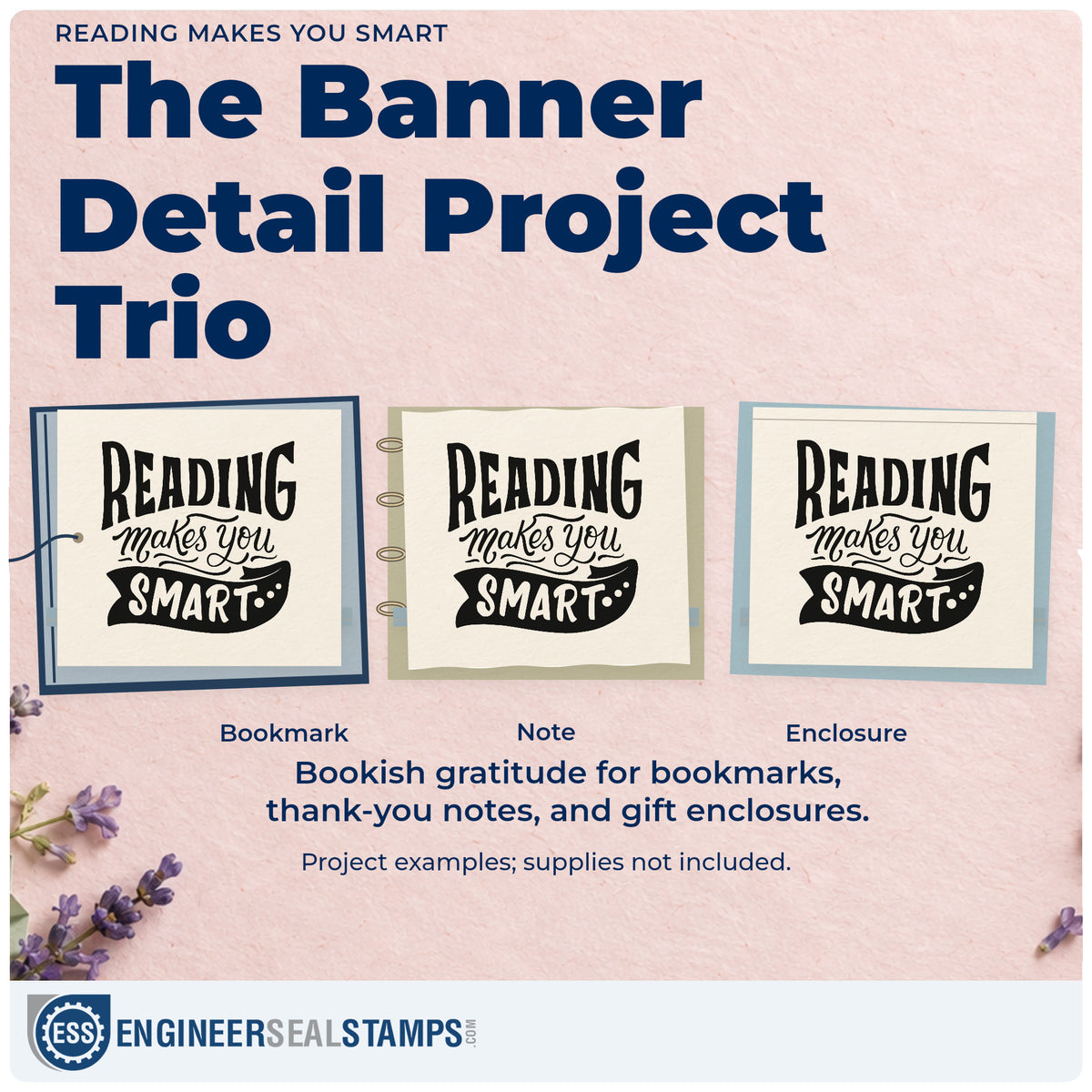Three project examples made with the Reading Makes You Smart Rubber Stamp – Duo Hand, including prize shelf labels.