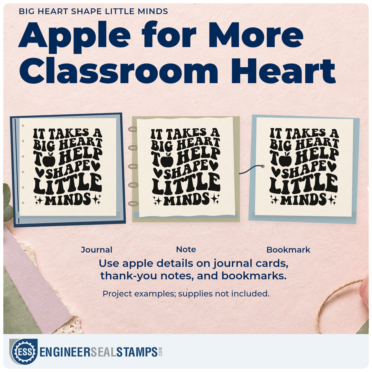 Three project examples made with the Duo Hand Big Heart Shape Little Minds Rubber Stamp, including group tray labels.