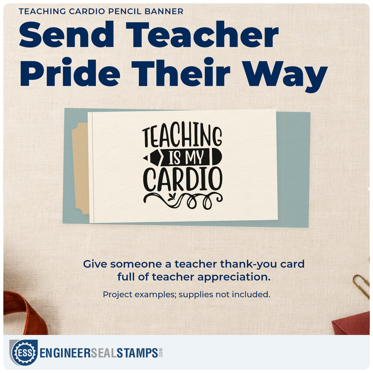 A finished handmade project stamped with the Teaching Cardio Pencil Banner Rubber Stamp – Wood Handle, ideal for fixture list tags.