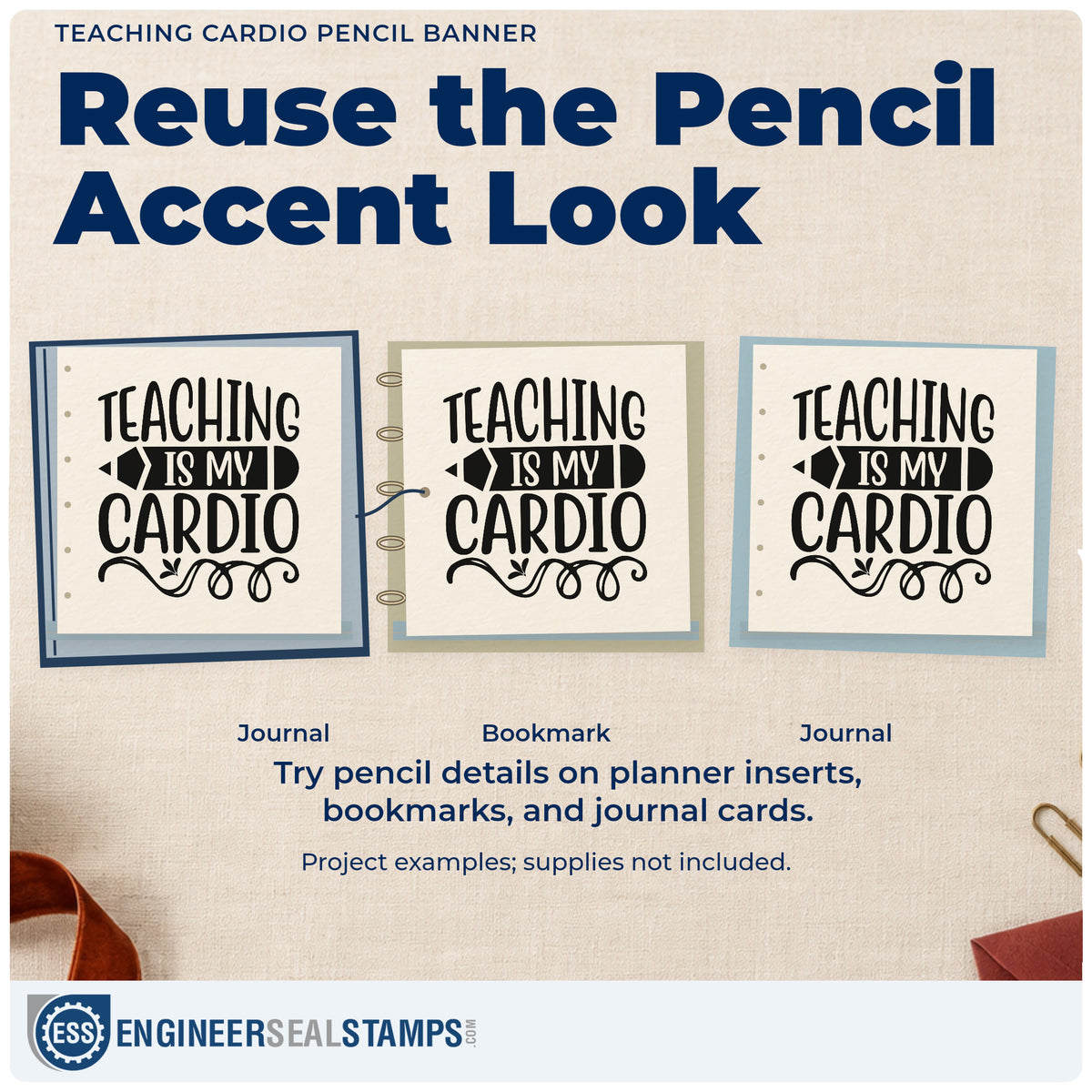 Three project examples made with the Teaching Cardio Pencil Banner Hand Stamp – Duo, including kit basket labels.