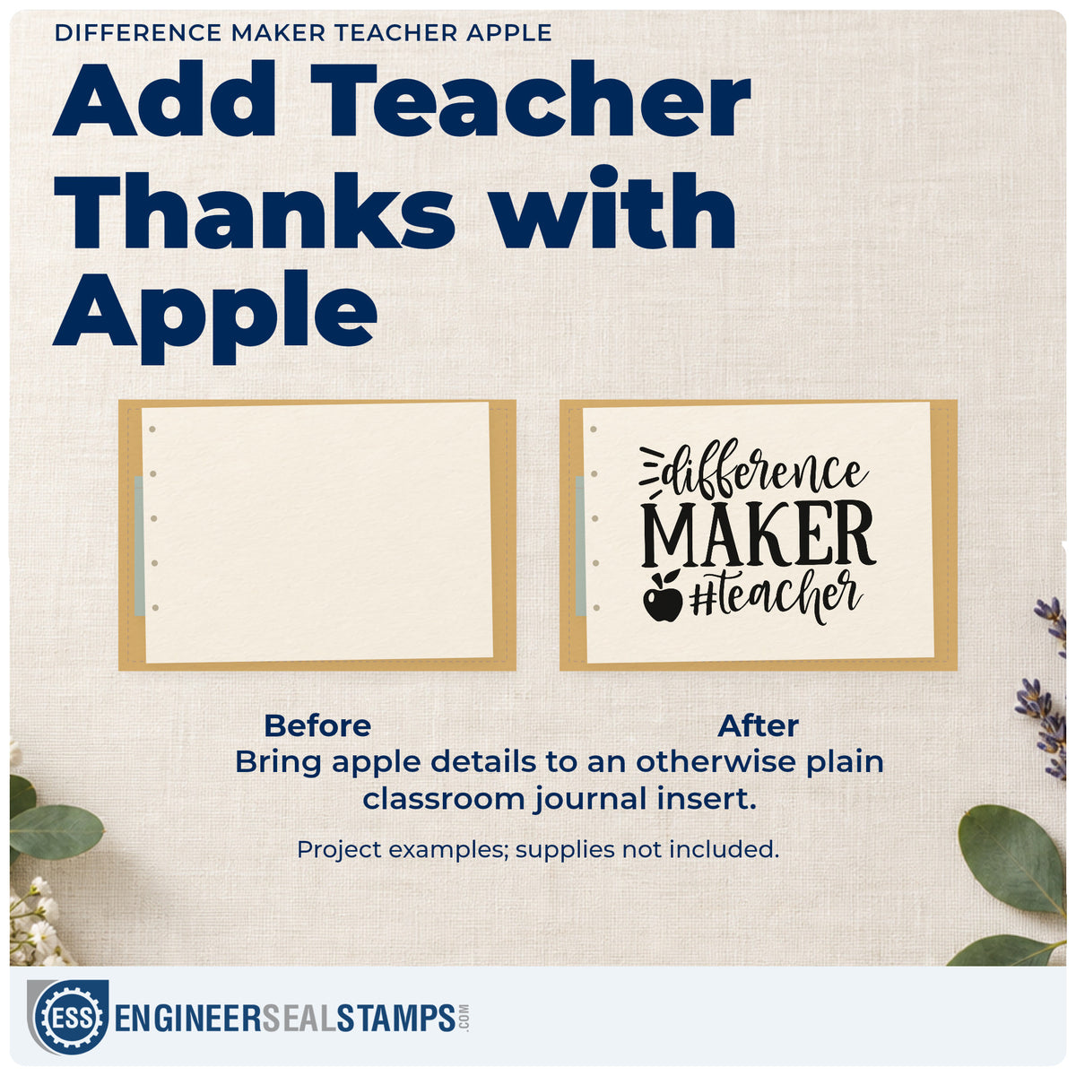 Before and after of a plain item finished with the Difference Maker Teacher Apple Wood Handle Stamp, a quick upgrade for mailer bag seals.