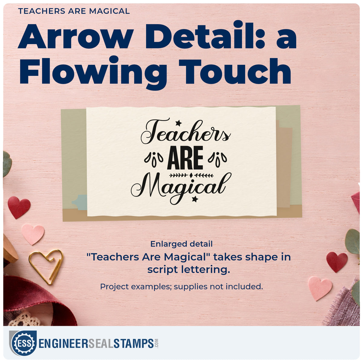 Enlarged detail of the Teachers Are Magical Leaf Accents Stamp – Wood Handle imprint. “Teachers Are Magical” combines script and capitals with leaves, an arrow-like ornament, and a star.