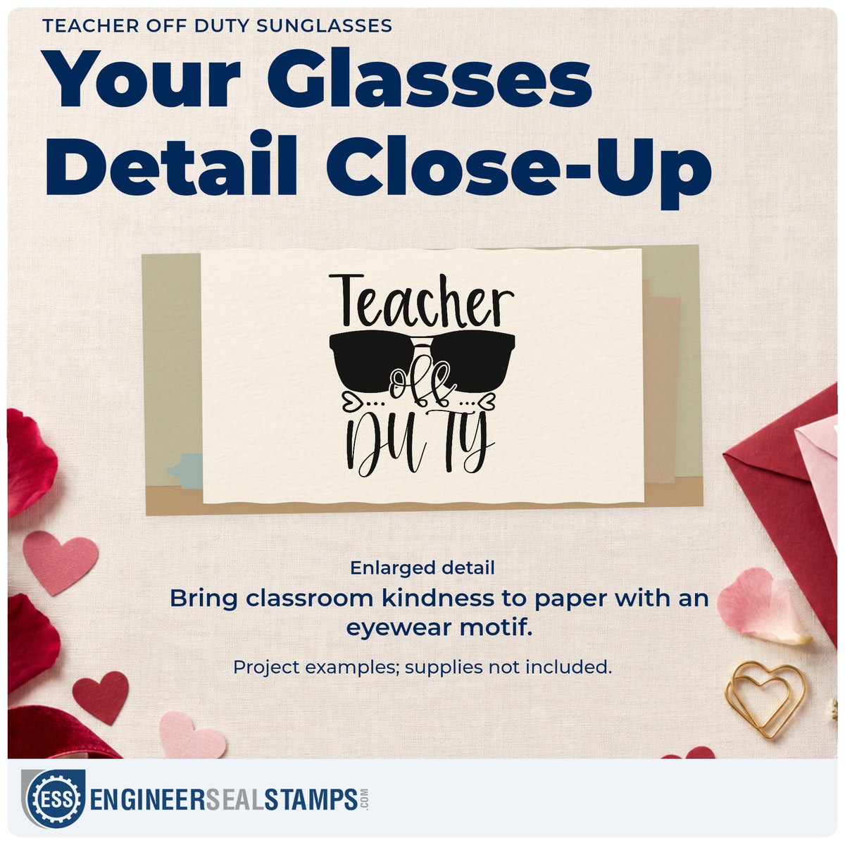 Enlarged detail of the PSI Pre-Inked Teacher Off Duty Sunglasses Stamp imprint. “Teacher Off Duty” appears with oversized dark sunglasses and small heart details.