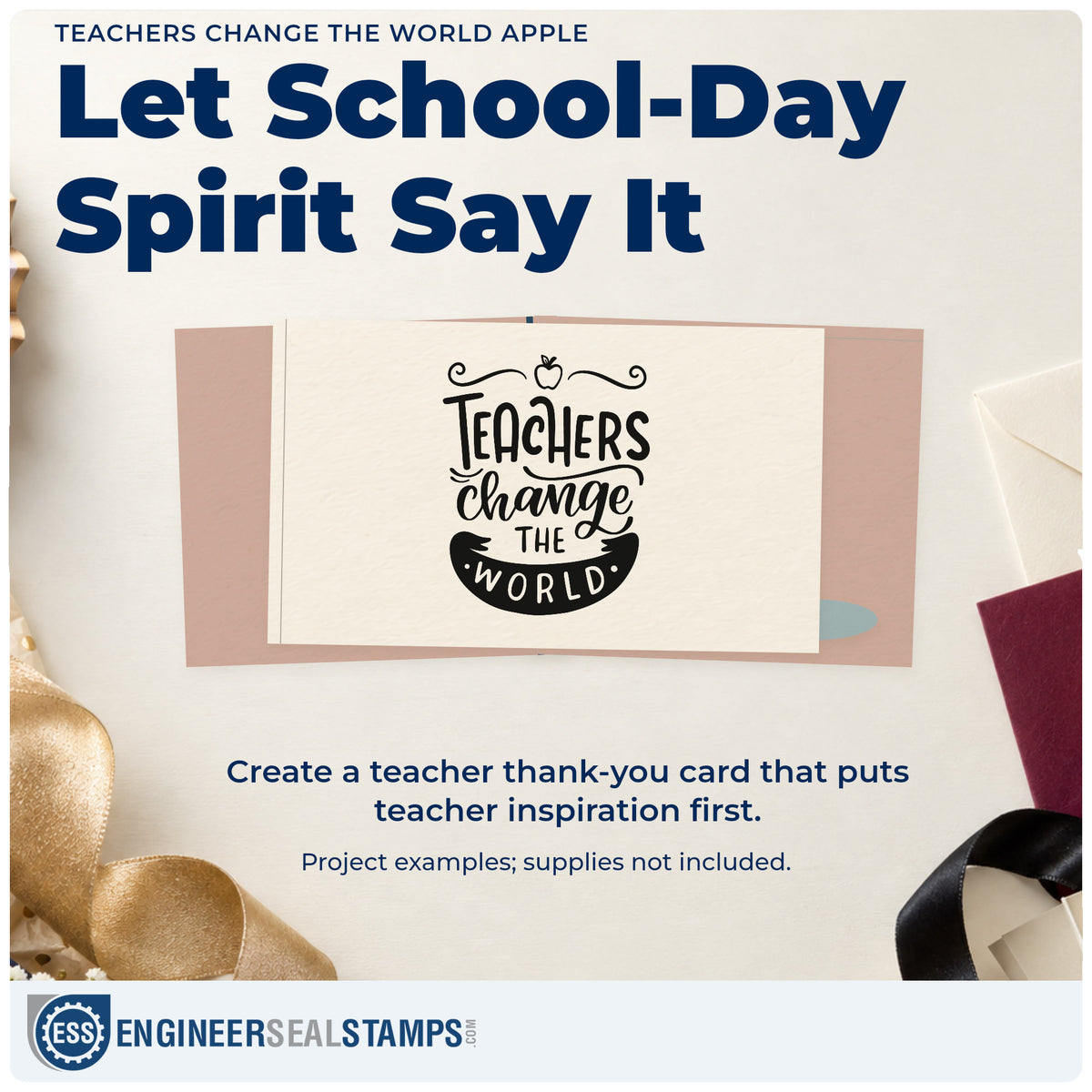 A finished handmade project stamped with the Teachers Change The World Apple PSI Pre-Inked Stamp, ideal for petition desk tags.