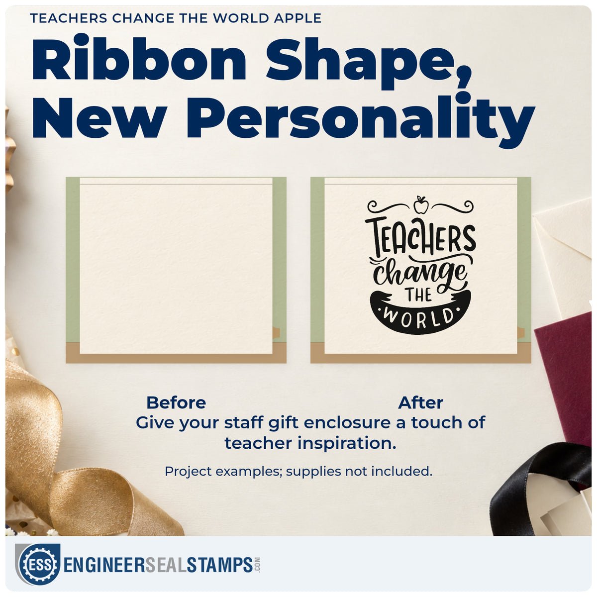 Before and after of a plain item finished with the Teachers Change The World Apple PSI Pre-Inked Stamp, a quick upgrade for press pack seals.