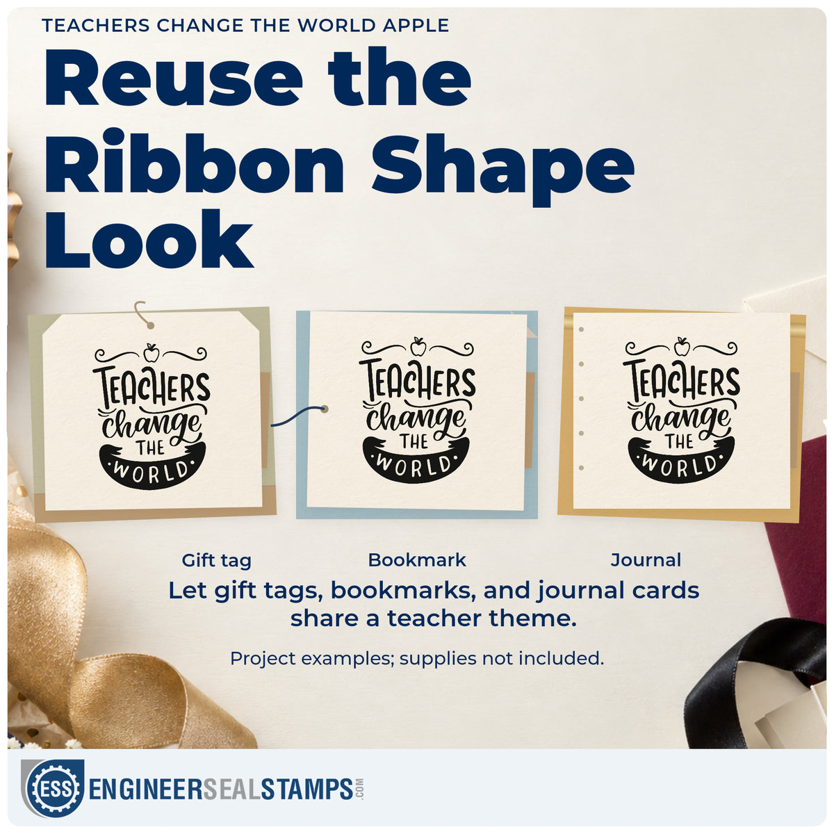 Three project examples made with the Teachers Change The World Apple Pre-Inked Stamp – Slim, including placard back labels.