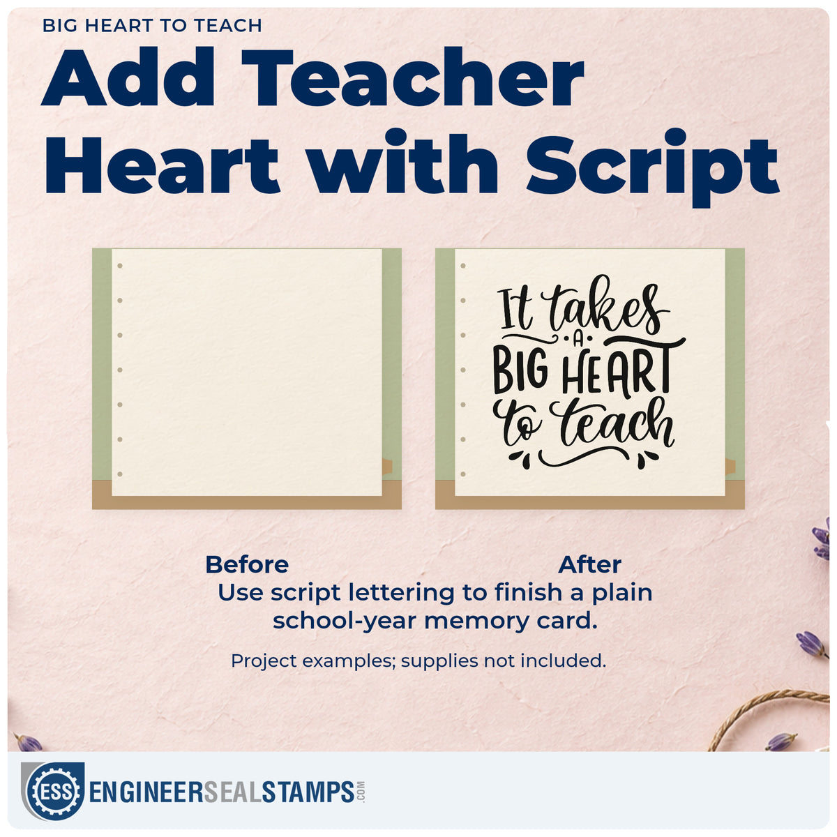 Before and after of a plain item finished with the Big Heart To Teach Pre-Inked Stamp – PSI, a quick upgrade for nominee pack seals.