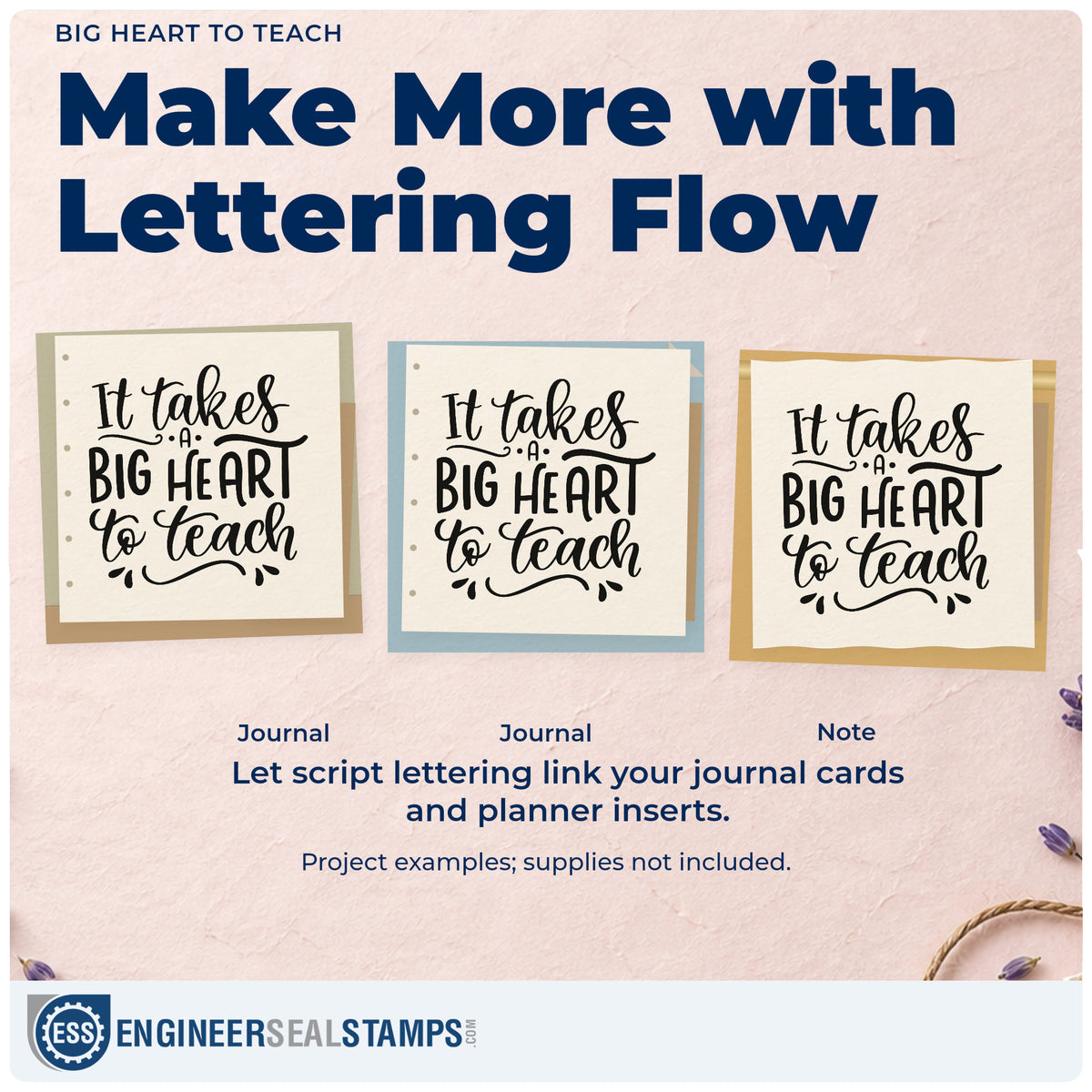 Three project examples made with the Big Heart To Teach Pre-Inked Stamp – PSI, including plinth front labels.