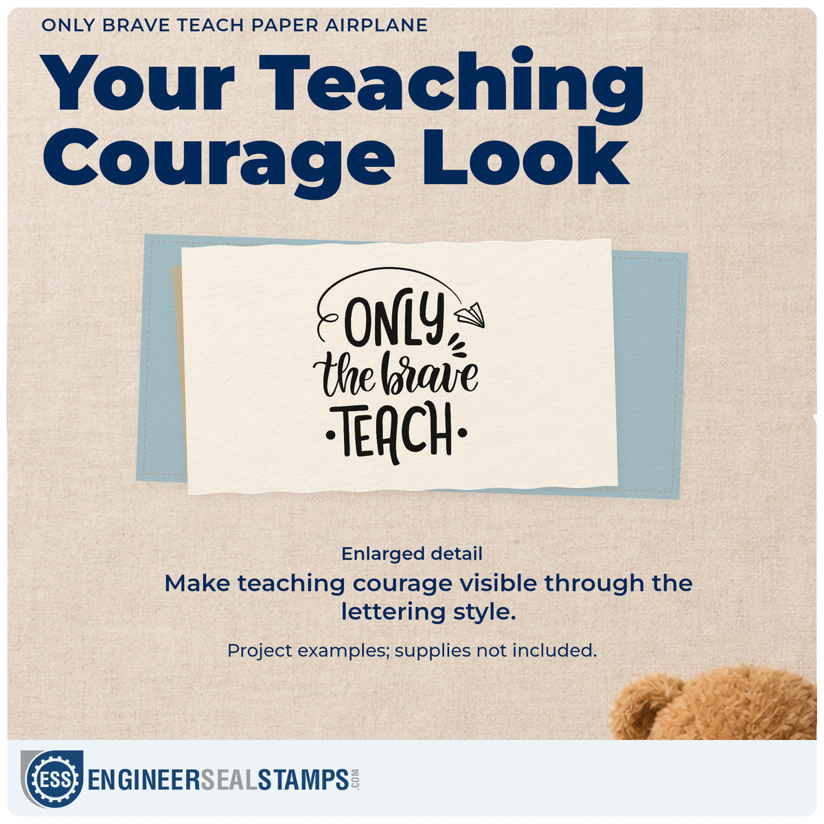 Enlarged detail of the Brave Teachers Paper Airplane Lettering PSI Pre-Inked Stamp imprint. “Only the Brave Teach” appears beneath a looping line ending in a paper airplane.