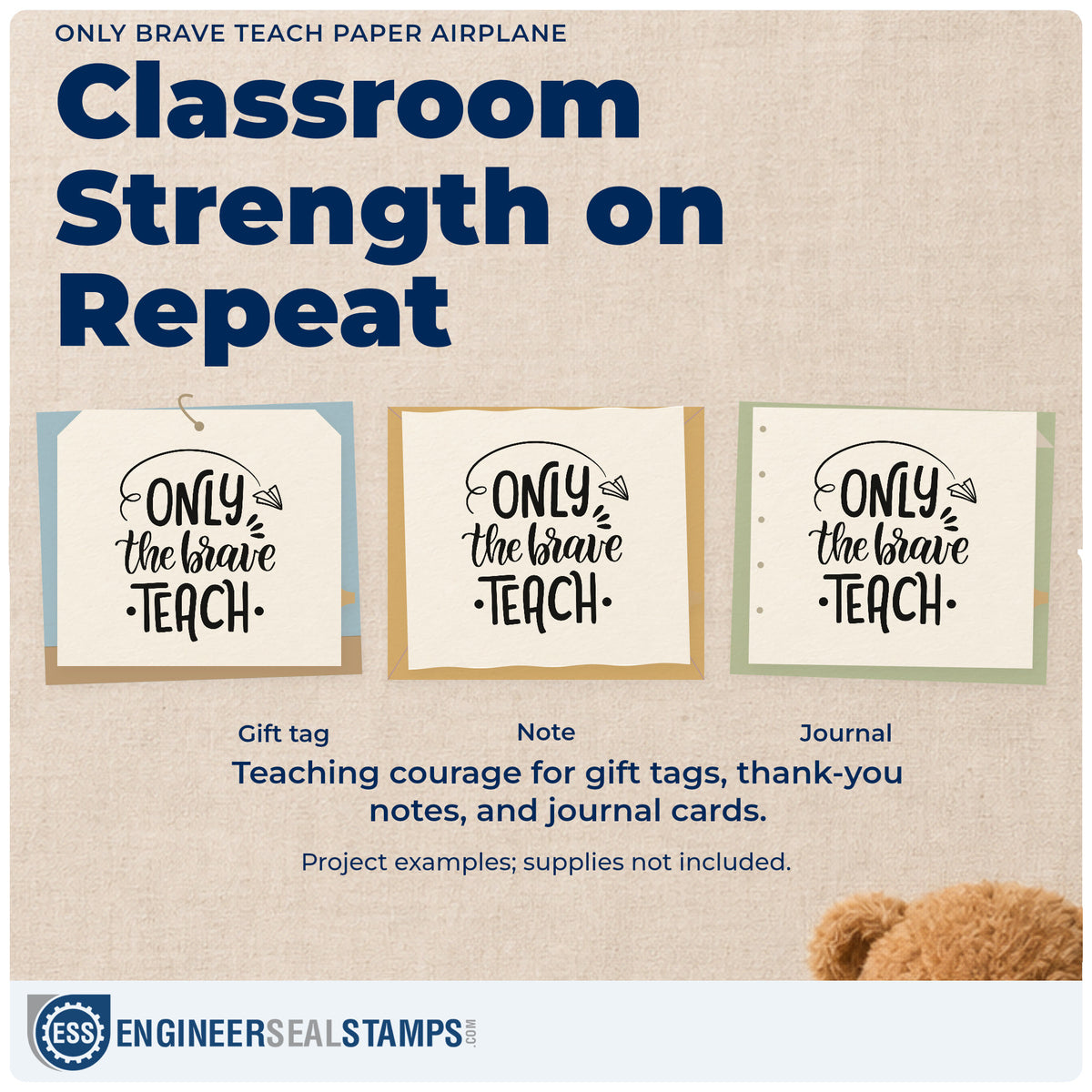 Three project examples made with the Brave Teachers Paper Airplane Lettering Premium Wooden Stamp – Vintage Pro, including model kit labels.