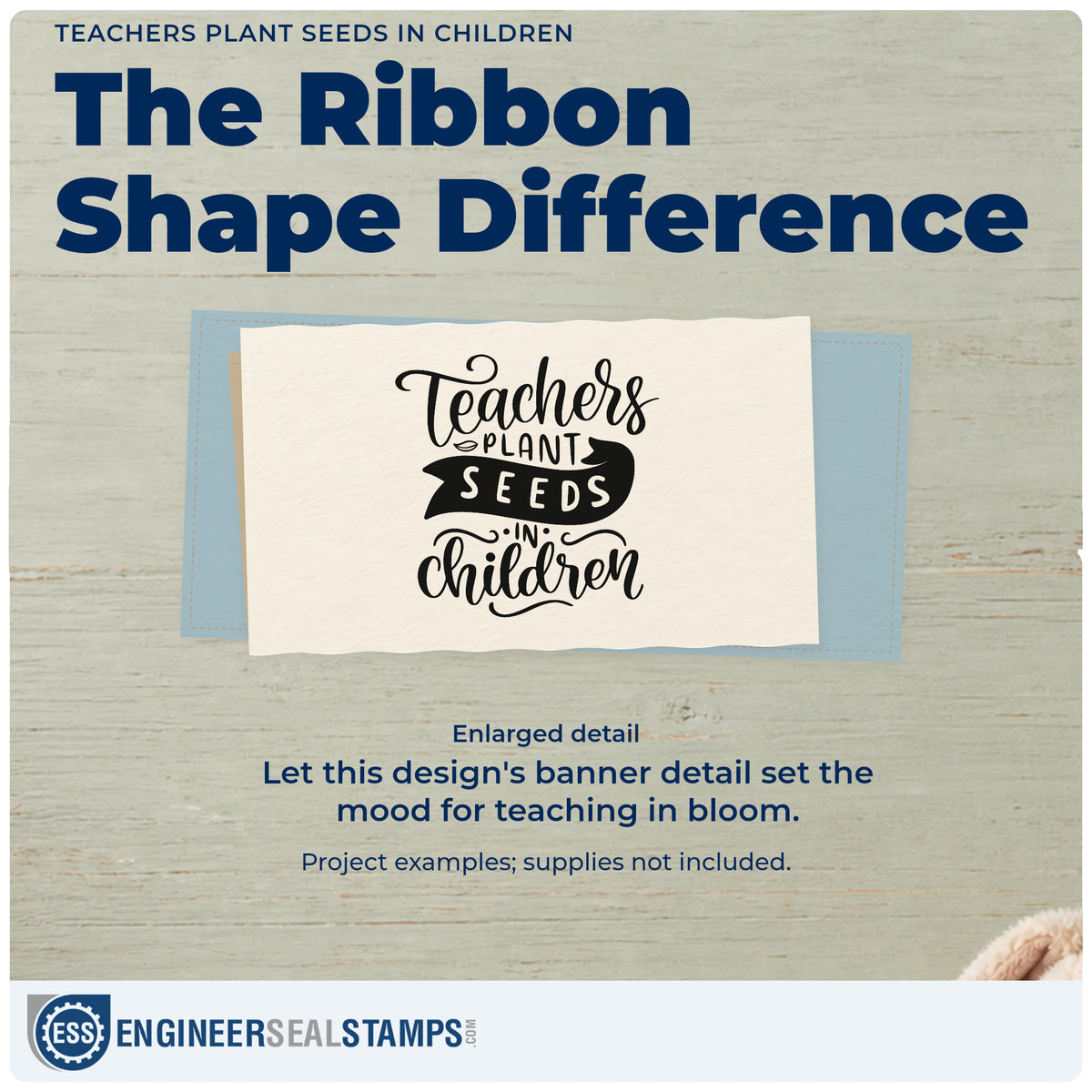 Enlarged detail of the Teachers Plant Seeds In Children Ribbon Lettering Slim Pre-Inked Stamp imprint. “Teachers Plant Seeds in Children” features flowing script and a dark ribbon banner.