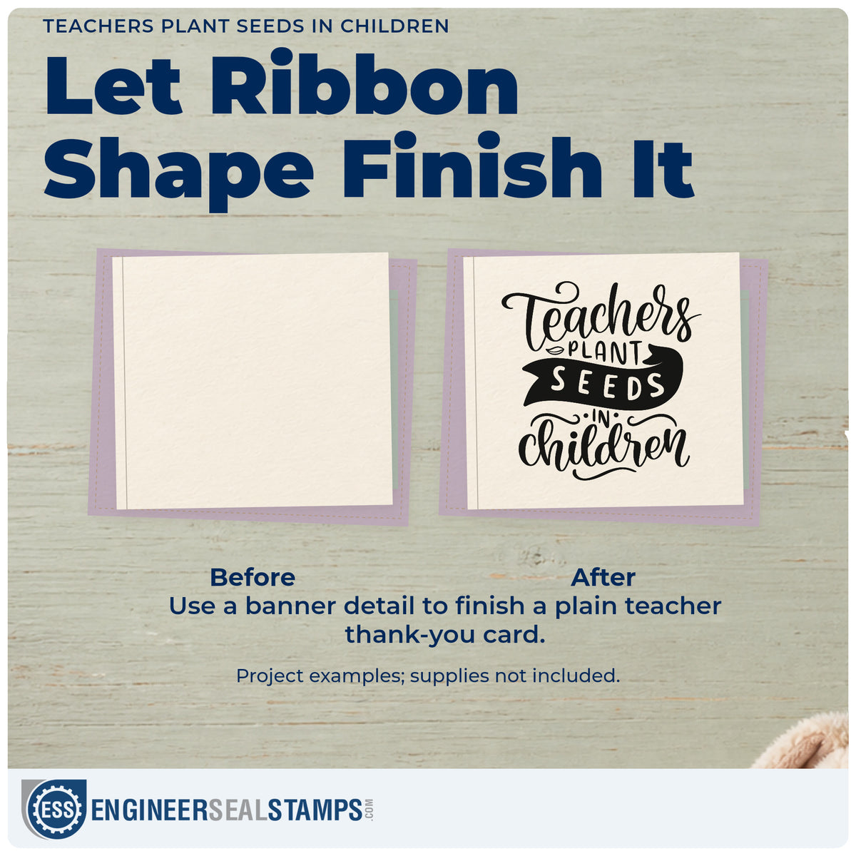 Before and after of a plain item finished with the Teachers Plant Seeds In Children Ribbon Lettering Wood Handle Stamp, a quick upgrade for seed pouch seals.