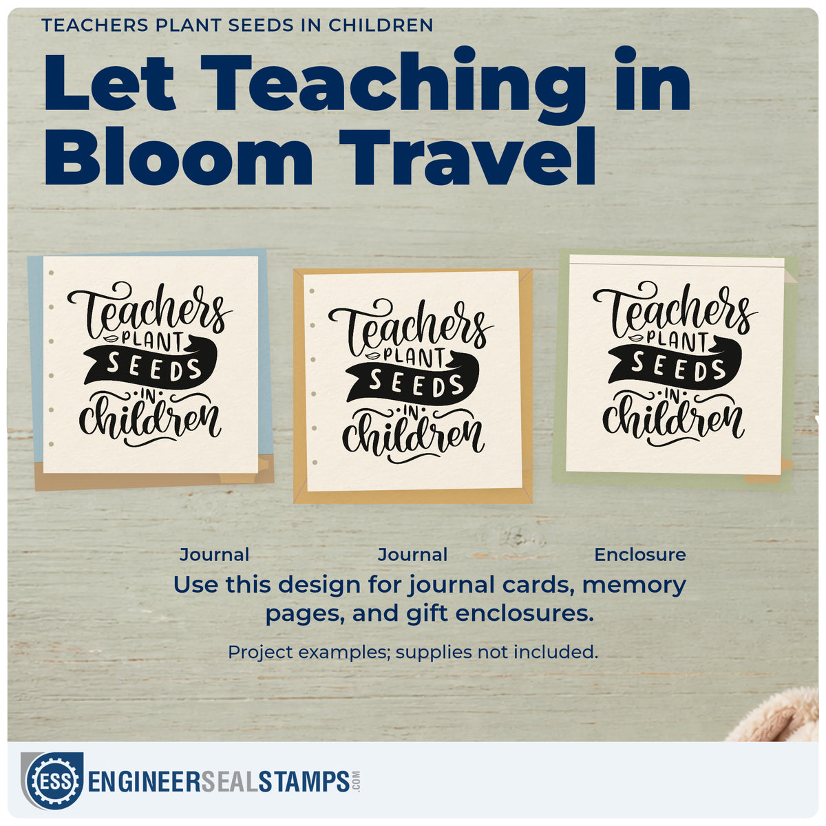 Three project examples made with the Duo Hand Teachers Plant Seeds In Children Ribbon Lettering Rubber Stamp, including cress tray labels.