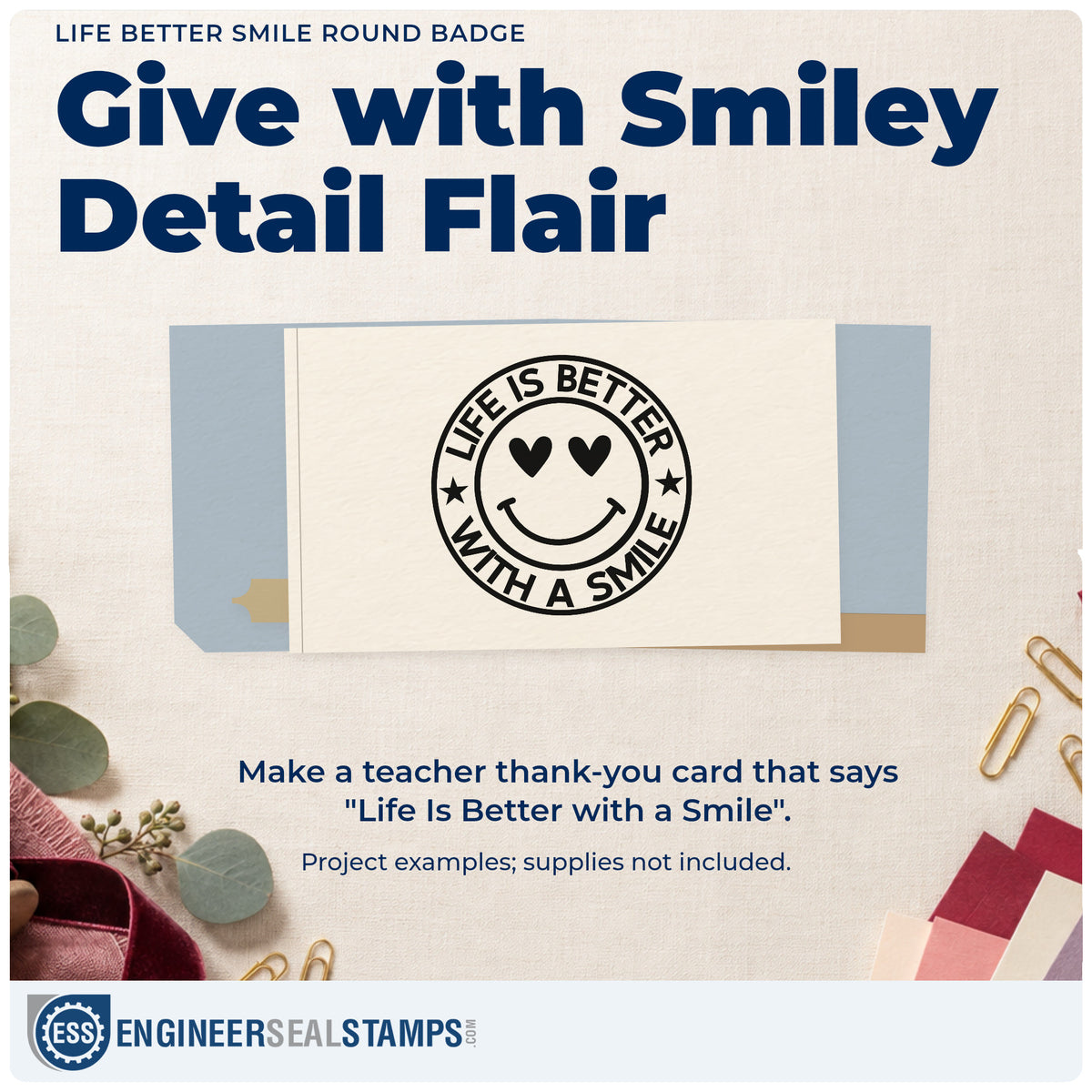 A finished handmade project stamped with the Life Better Smile Round Badge Stamp – Self-Inking, ideal for smile chart tags.