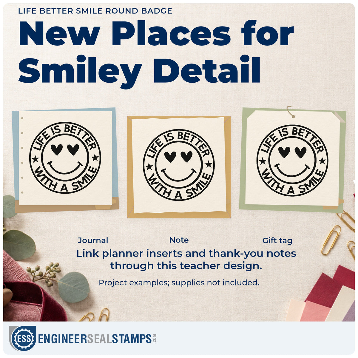 Three project examples made with the Life Better Smile Round Badge Stamp – Self-Inking, including sweet tub labels.