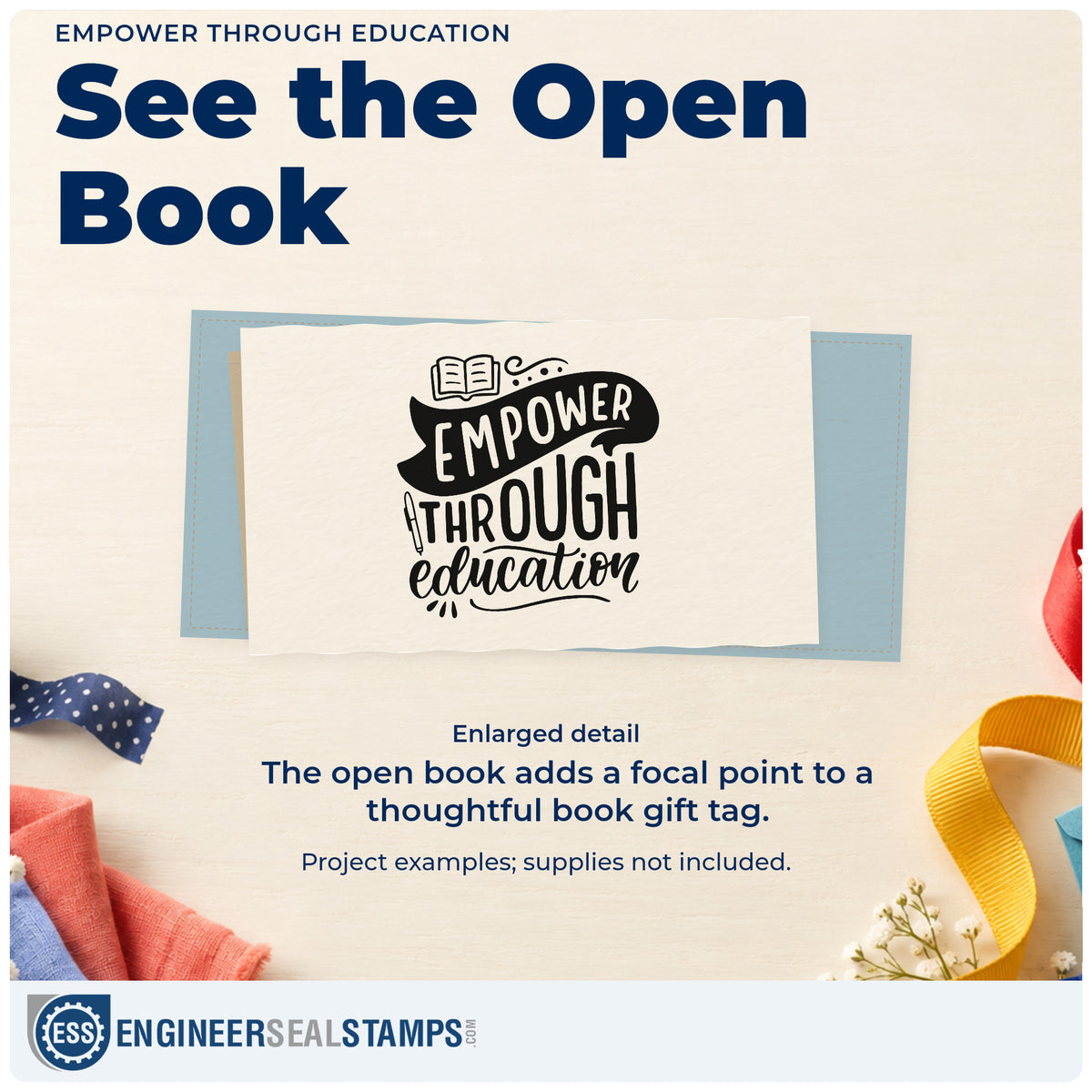 Enlarged detail of the Empower Through Education Pencil Pre-Inked Stamp – PSI imprint. “Empower Through Education” features an open book, pencil, and dark banner.