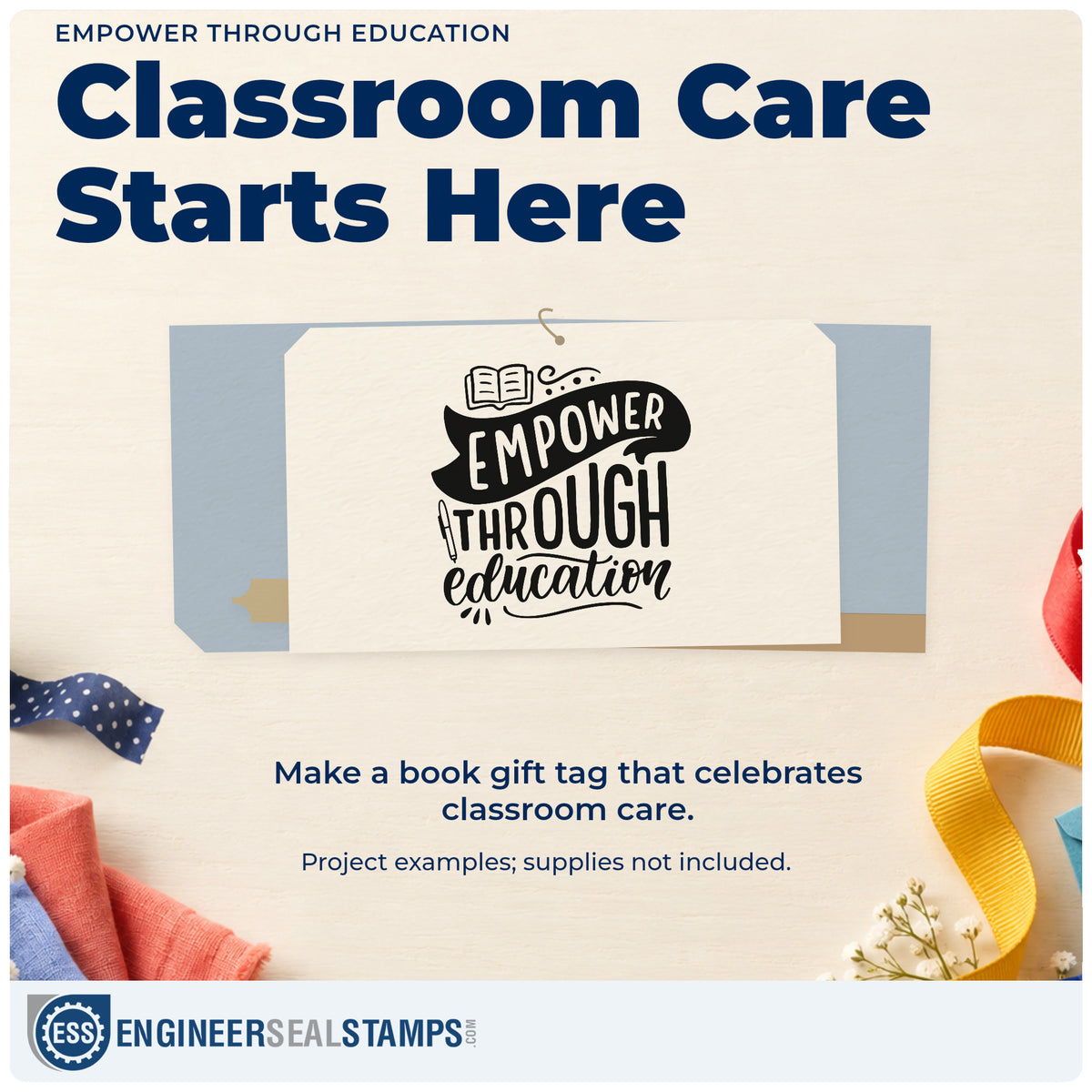A finished handmade project stamped with the Empower Through Education Pencil Rubber Stamp – Duo Hand, ideal for bursary gift tags.
