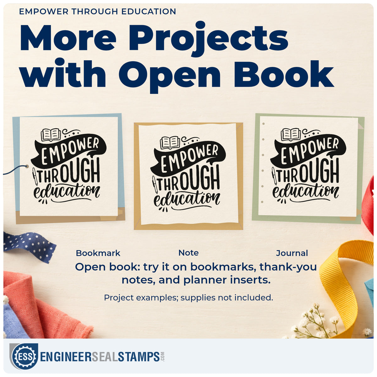 Three project examples made with the Empower Through Education Pencil Pre-Inked Stamp – PSI, including fund box labels.