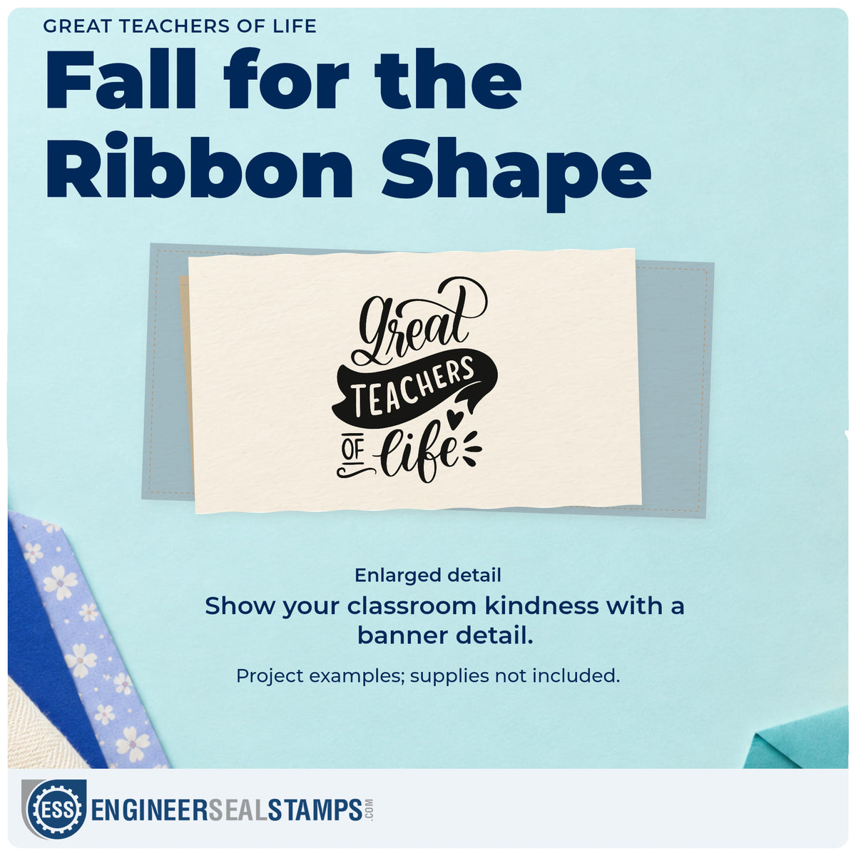 Enlarged detail of the Great Teachers Of Life Pre-Inked Stamp – Slim imprint. “Great Teachers of Life” features a curved dark banner, heart, and decorative rays.
