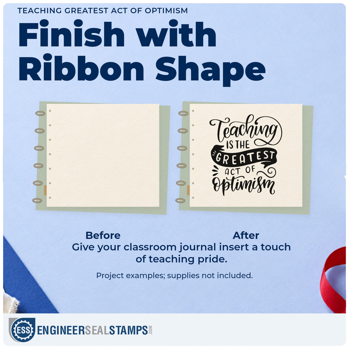 Before and after of a plain item finished with the Teaching Greatest Act Of Optimism Stamp – Wood Handle, a quick upgrade for inset pack seals.