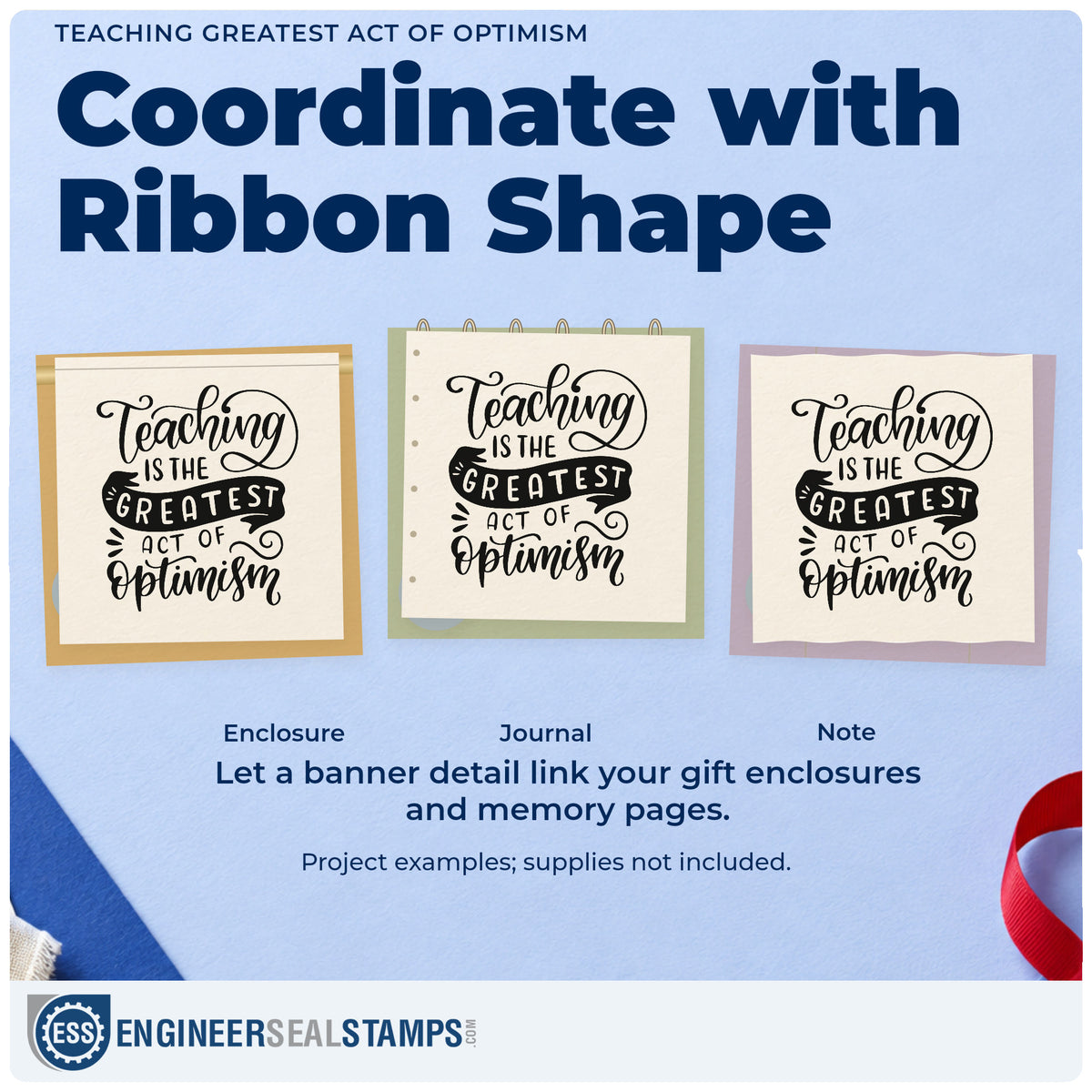 Three project examples made with the Teaching Greatest Act Of Optimism PSI Pre-Inked Stamp, including planning tub labels.
