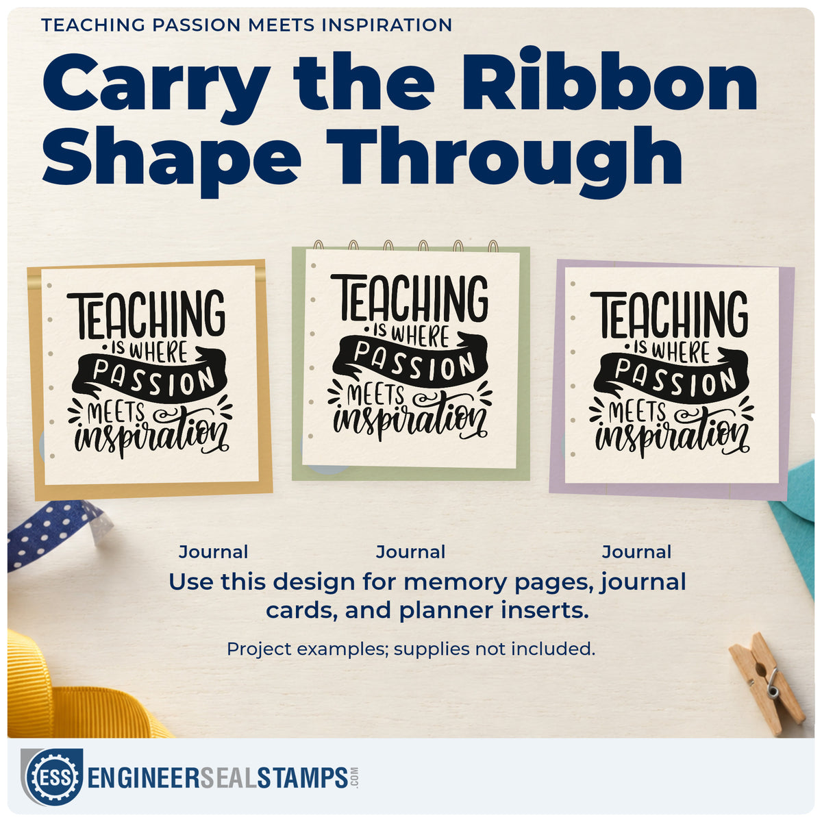 Three project examples made with the Teaching Is Where Passion Meets Inspiration Duo Hand Stamp, including display stand labels.