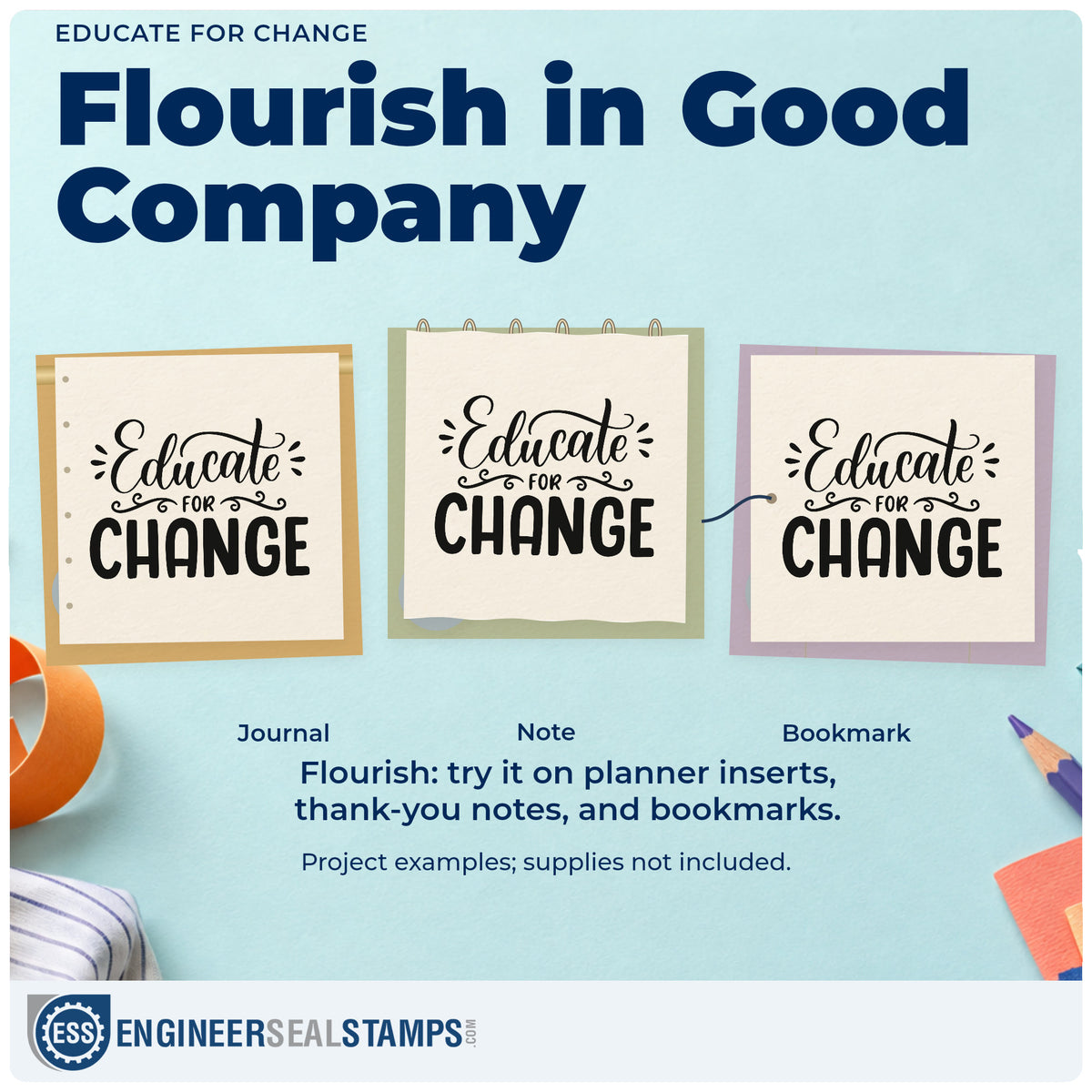 Three project examples made with the Slim Pre-Inked Educate For Change Script Lettering Stamp, including course file labels.
