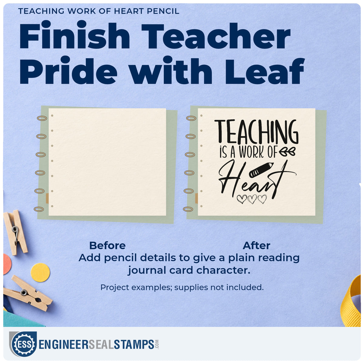 Before and after of a plain item finished with the Teaching Work Of Heart Pencil Hand Stamp – Duo, a quick upgrade for triple fold seals.