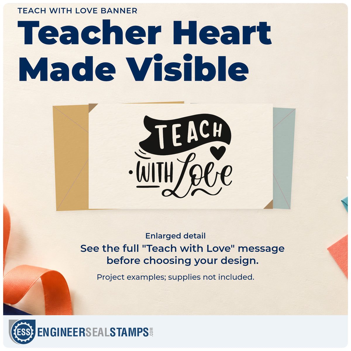 Enlarged detail of the Teach With Love Pre-Inked Stamp – PSI imprint. “Teach with Love” features a curved dark banner and a solid heart.
