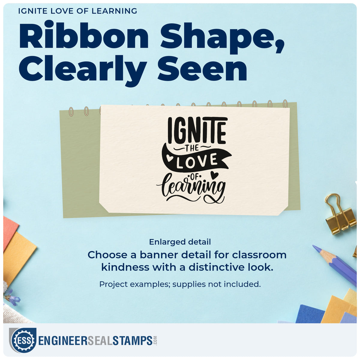 Enlarged detail of the Ignite The Love Of Learning Premium Wood-Mounted Stamp – Vintage Pro imprint. “Ignite the Love of Learning” includes a dark ribbon and small hearts.